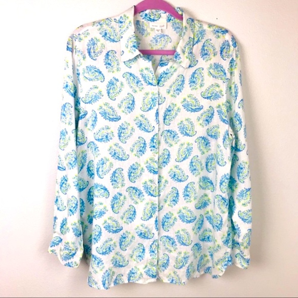 J. Jill | Love Linen Green Blue Paisley Top